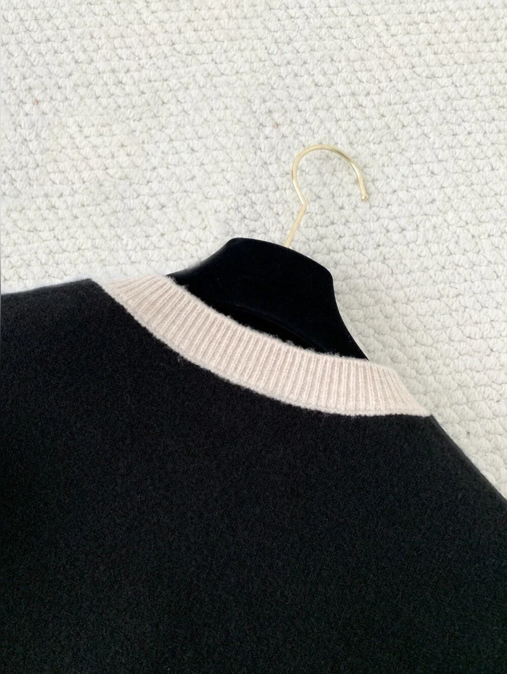 CHANEL Black Cashmere cardigan Sweater with Cream Trim Crewneck